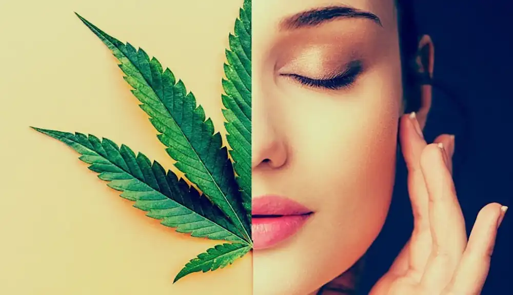 A girl with perfect skin next to a cannabis leaf