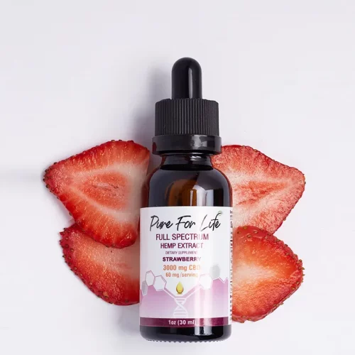1oz-3000mg Strawberry CBD Tincture in a bottle and some red strawberry behind it