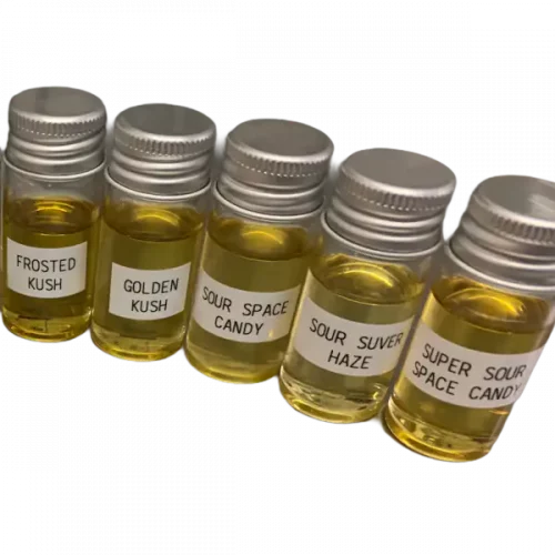5 bottle with different strains of hemp extracted terpenes