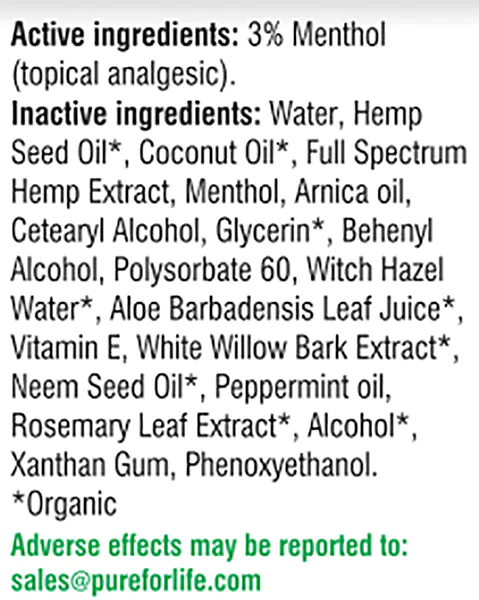 Ingredients-PPure For Life™ 1000 mg Pain Relief Cream - 1 Oz Airless Jar
