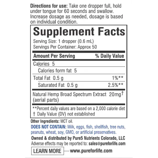Pure For Life™ 1000 mg Broad Spectrum Hemp Tincture 1 oz-ingredients