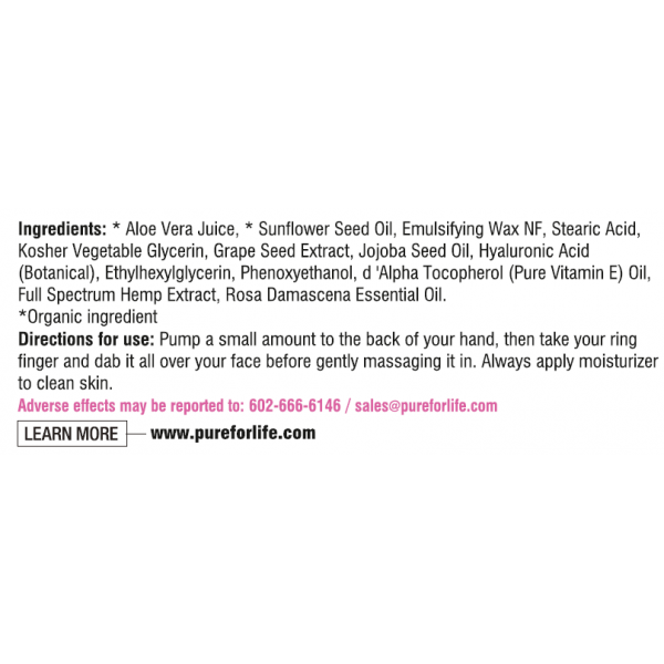 Pure for life Rose Facial Moisturizer with 150Mg CBD-Ingredients