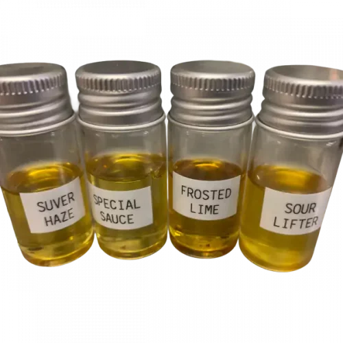 different strains cannabidiol terpenes in 4 small bottles