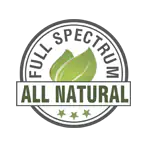 A natural circle with a green leaf and a statement that Pure For Life natural company have a powerful full spectrum CBD terpene cosmetics, edibles and oils