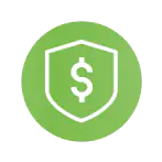A circle with green color and a shield with dollar sign in it symbolizing the guarantee that we offer for everyone who happen to not being satisfied with our product
