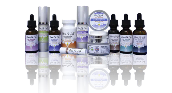 a collection of Pure For Life's best Cannabis pills, tinctures, oils, creams, balsams, lotions and gummies in a cool looking mirror like fashion