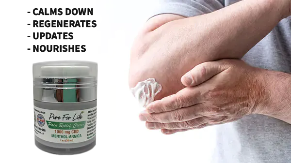 a 1000mg pain relief Pure For Life cream with cbd and a man putting it on his elbow healing his pain