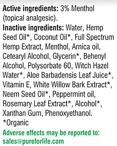 a white sheet of ingredients of pureforlife CBD product