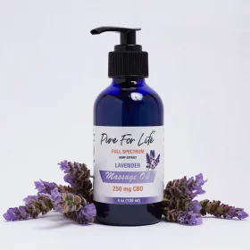 great oil for massages made from hemp on white background with lavenders around it