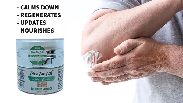 a pain relief Pure For Life cream with cbd and a man putting it on his elbow healing his pain