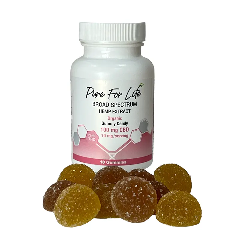 10mg CBD Gummies with cannabis spread around and its bottle behind them