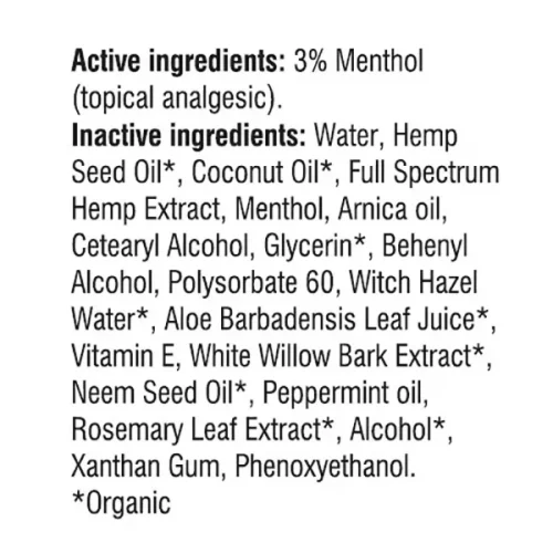 Ingredients of 1000mg pain relief solution in a plastic jar