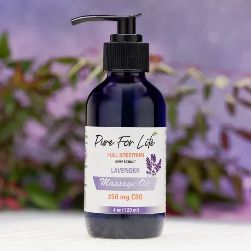 a bottle of 250mg cannabis massage oil with lavender variety