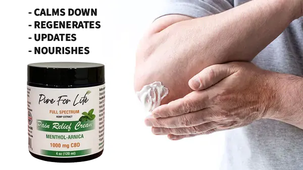 a pain relief 1000mg CBD Pure For Life cream with hemp extract and a man putting it on his elbow healing his pain
