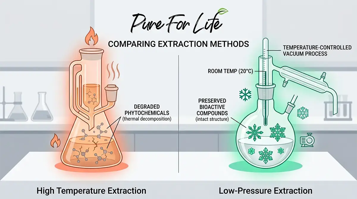How Extraction Temperature Determines Whether Beta-Caryophyllene Survives: High Heat vs. Low-Pressure Cold Process Side-by-side comparison of high-temperature cannabis extraction destroying terpenes versus low-pressure room-temperature extraction preserving beta-caryophyllene